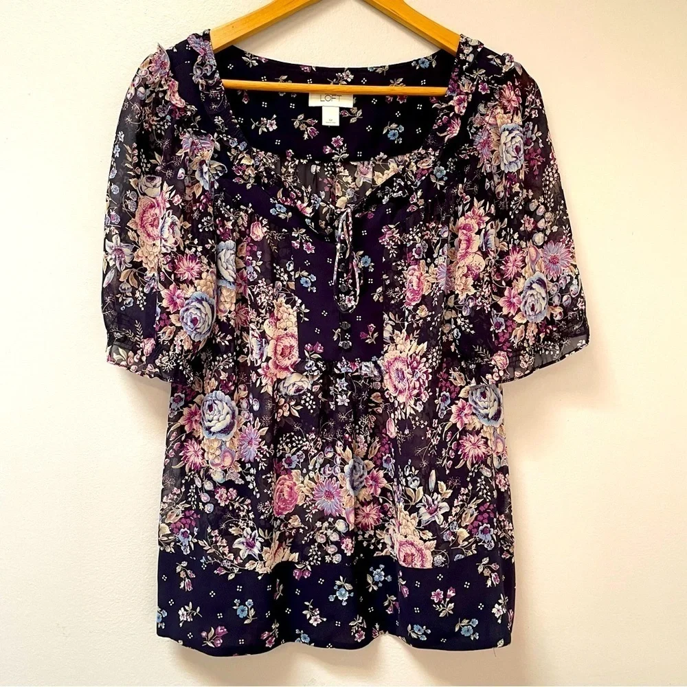 Loft Floral Mixed Print Sheer Ruffles Blouse Top M - Picture 1 of 6